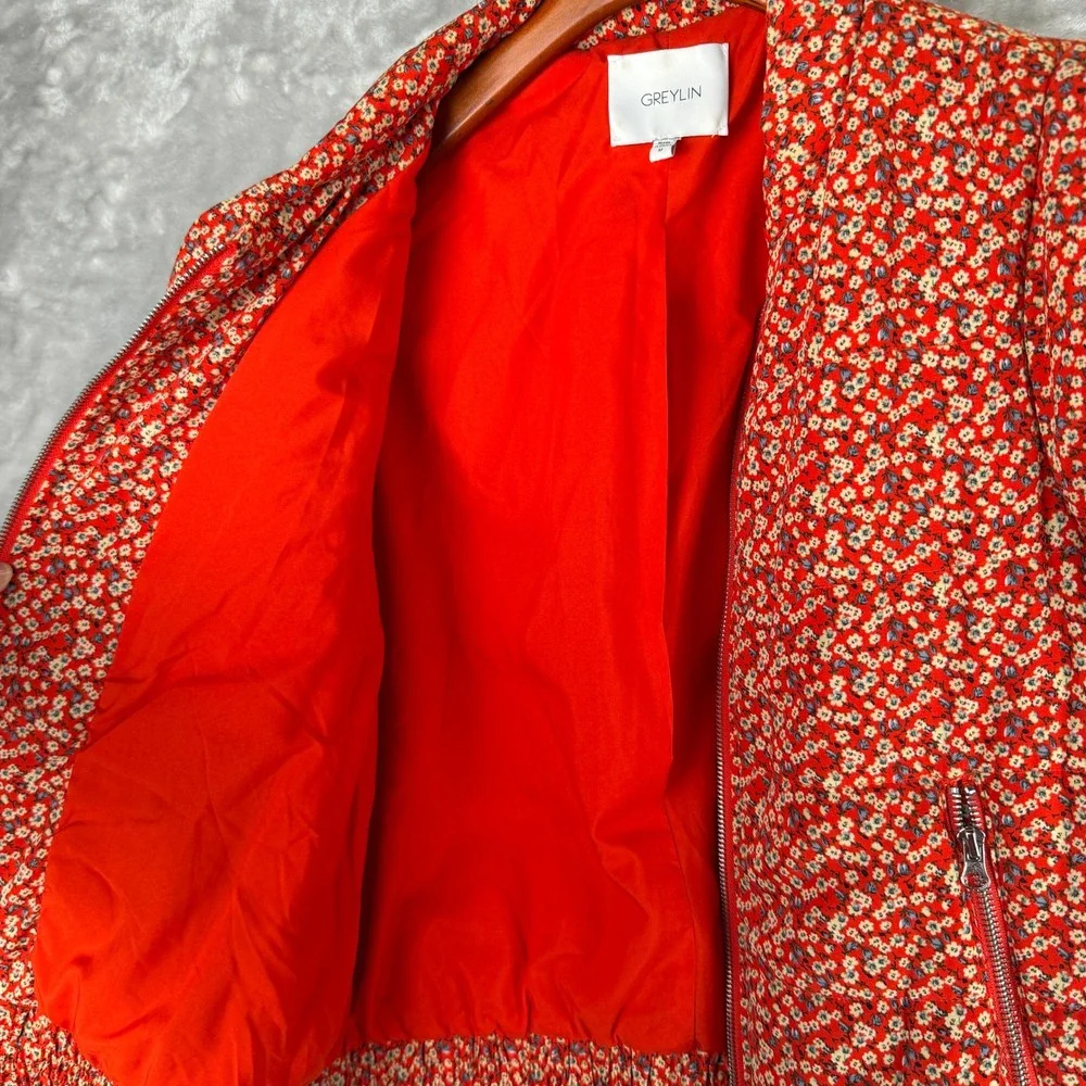 Greylin Red Floral Quilted Bomber Jacket Womens Medium‎ Zip Up G227J1542